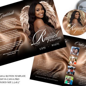 May include: A memorial program and button template with a photo of a woman with angel wings. The program is folded, with text including "In Loving Memory of Raquel Williams" and "Order of Service". The button features the same image.