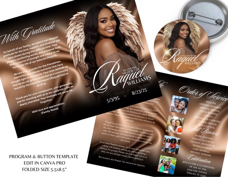 May include: A memorial program and button template with a photo of a woman with angel wings. The program is folded, with text including "In Loving Memory of Raquel Williams" and "Order of Service". The button features the same image.