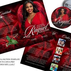 Könnte beinhalten: Eine Gedenkprogramm- und Button-Vorlage mit einer Frau mit Engelsflügeln, Rosen und dem Text "In Loving Memory of Raquel Williams". Das Programm ist gefaltet, mit einer Größe von 14 x 21,6 cm.