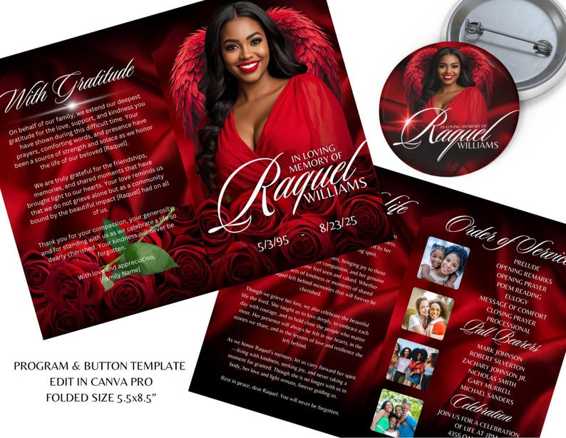May include: A memorial program and button template featuring a woman with angel wings, roses, and the text "In Loving Memory of Raquel Williams." The program is folded, with a size of 5.5x8.5 inches.