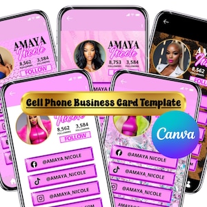 May include: Pink cell phone business card template design featuring the name "Amaya Nicole" and social media handles. The design includes a "Follow" button and a "Canva" logo. The template showcases profile pictures and follower counts.