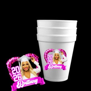 Paquete de recuerdos personalizados para fiesta de graduación / Estampado de leopardo y guepardo rosa / Paquete de graduación de la clase de 2026 / Plantilla editable para hacer tú mismo / Plantilla para abanico, botón y bolsa de regalo