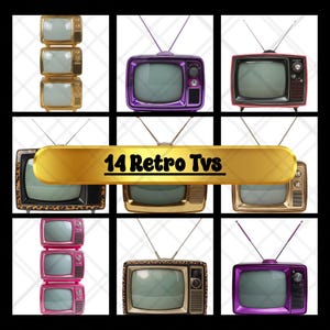 May include: A grid of 14 retro televisions in various colors and styles. Some are stacked, others are arranged individually. The TVs have antennas and classic designs, with the text "14 Retro TVs" in a gold banner.