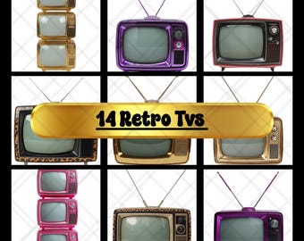 14 Retro TV PNGs + Canva Link | Vintage Television Clipart | Nostalgic Pop Art Design Elements