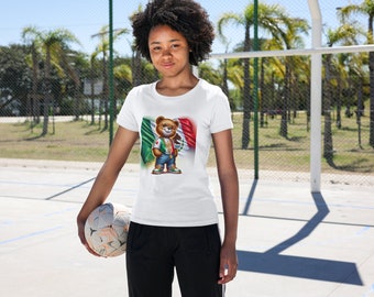 May include: A white t-shirt with a graphic of a brown bear wearing a blue shirt, sunglasses, and a gold chain. The bear is standing in front of a Mexican flag.