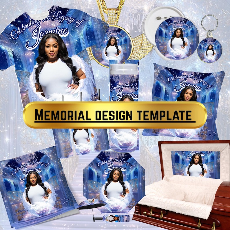 Puede incluir: Colecci&oacute;n de productos conmemorativos con una mujer con alas de &aacute;ngel. Incluye camiseta, colgante, llavero, bot&oacute;n, coj&iacute;n y ata&uacute;d. El dise&ntilde;o tiene una combinaci&oacute;n de colores azul y blanco con el texto "Celebrating the Legacy of Jasmine".