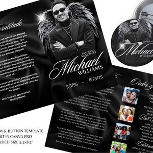 May include: A memorial program and button template with a black and white design. The program features a photo of a man with angel wings, the name "Michael Williams", and dates. The button has the same image. Text includes "With Gratitude" and "Order of Service".