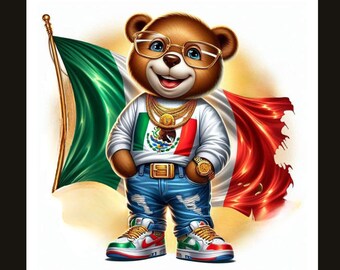 May include: A brown teddy bear wearing a white t-shirt with the Mexican flag on it, gold chains, blue jeans, and red and white sneakers. The bear is standing in front of a waving Mexican flag.