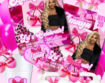 Pink Cherry Birthday Canva Template | Party Flyer, Fan, & Cup Sticker Bundle | Editable Birthday Set