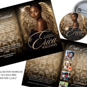 May include: A memorial program and button template featuring a woman with angel wings. The program is folded, with text including "In Loving Memory of Erica Williams" and "Order of Service". The button has the same image.