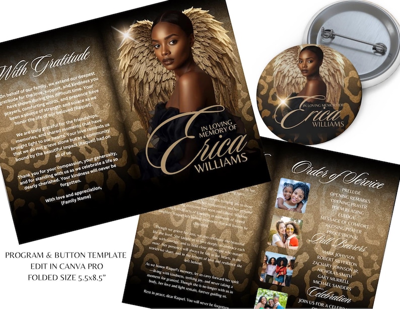 May include: A memorial program and button template featuring a woman with angel wings. The program is folded, with text including "In Loving Memory of Erica Williams" and "Order of Service". The button has the same image.