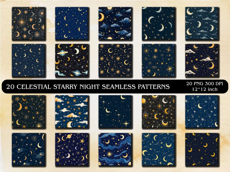 20 Celestial Starry Night Seamless Pattern Pack Unique Backgrounds ...