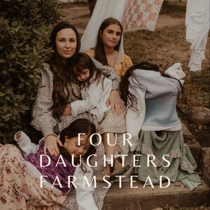 May include: A group of four women and girls sitting on a stone step, with a green bush in the background. The women are wearing floral dresses and the girls are wearing white dresses. The text "FOUR DAUGHTERS FARMSTEAD" is written in white letters on a brown background. The text "CAMILLE YOUNG" is written in white letters below the first text.