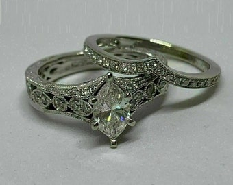 Década de 1890 Vintage 2.10 Ct Art Déco antiguo anillo de compromiso de boda europeo en 935 Argentium plata marquesa diamante anillo conjunto, regalo para ella