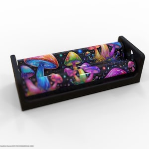 May include: A black rolling tray with a vibrant, colorful mushroom design. The mushrooms feature shades of red, orange, yellow, green, blue, and purple against a black background. The tray has a rectangular shape with raised edges.