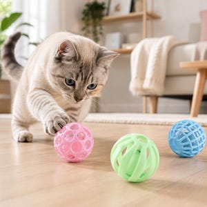 May include: A light-colored cat with blue eyes plays with three colorful cat toys. The toys are a pink, green, and blue ball with a hollow, open design. The cat is reaching for the pink ball with its paw.