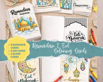 Tarjetas para colorear de Ramadán y Eid / Actividad islámica para niños (Paquete PDF imprimible)