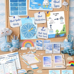May include: A collection of educational cloud-themed materials, including flashcards, worksheets, and a cloud identification chart. The image features a corkboard with various cloud diagrams, a rainbow, and the word "CLOUDS" in colorful letters. The text "45 PAGES" is also visible.