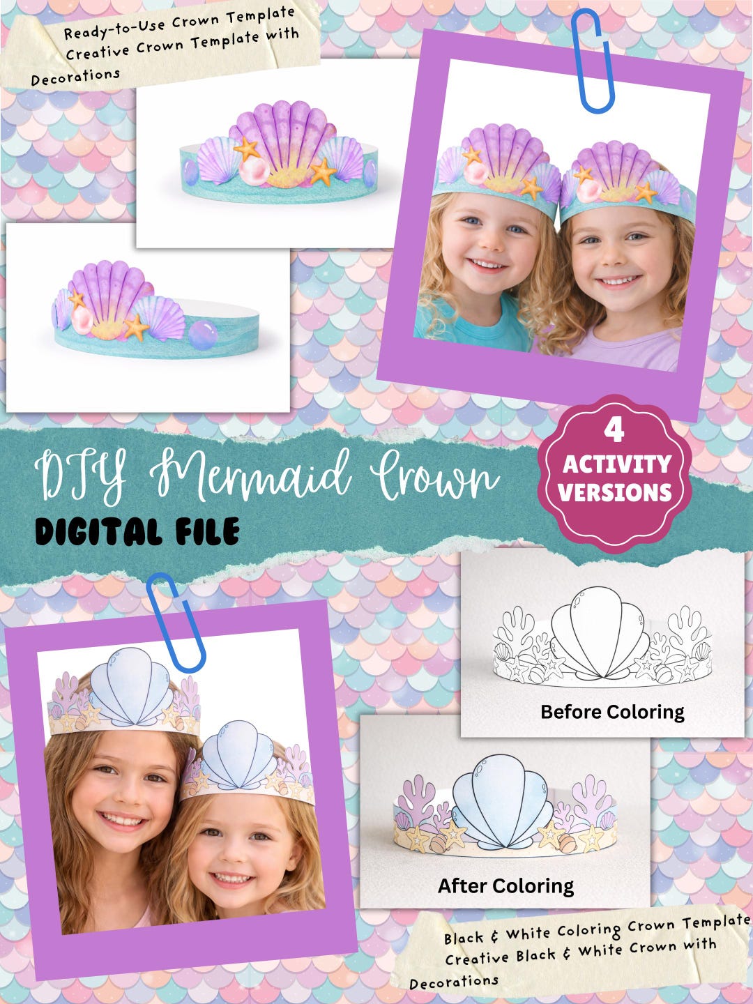 DIY Mermaid Crown for Kids| Kids Coloring Party Activity (digital ...