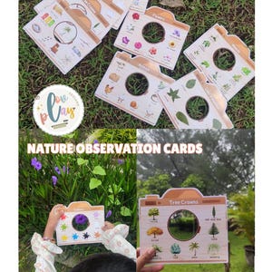 May include: A collection of wooden nature observation cards, each designed like a camera with a circular viewing hole. The cards feature illustrations of flowers, clouds, tree crowns, and other natural elements. The words "NATURE OBSERVATION CARDS" are printed on the image.