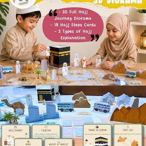 May include: A colorful educational playset titled "Hajj Steps for Kids" featuring a 3D diorama, 18 Hajj steps cards, and 3 types of Hajj explanations. The set includes miniature models of the Kaaba, camels, and buses.