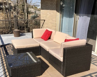 Five-piece patio furniture sets: manual-woven wicker, rattan, and sectional patio sofas for all weather conditions; beige in color.
