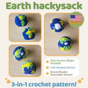 Può includere: Un modello all'uncinetto per hacky sack a forma di Terra. L'immagine mostra quattro palline all'uncinetto blu, verdi e gialle che rappresentano la Terra. Il testo recita "Earth hackysack" e "3-in-1 crochet pattern!" con il logo Rosan Crochet e una bandiera americana.