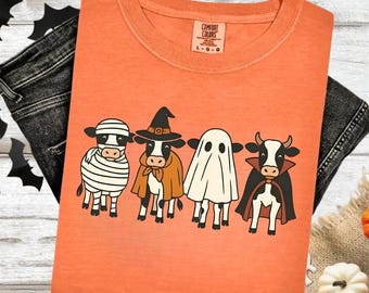 Comfort Colors Halloween Cow Shirt, Ghost Cow Shirt, Pumpkin Cow Shirt, Halloween Party Tee, Cow Halloween Shirt, Halloween Shirt