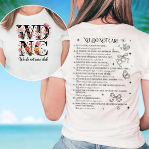 The image is a collage of two images. The collage features a white t-shirt with a floral design and text, and a person's back with a list of rules or guidelines printed on it.