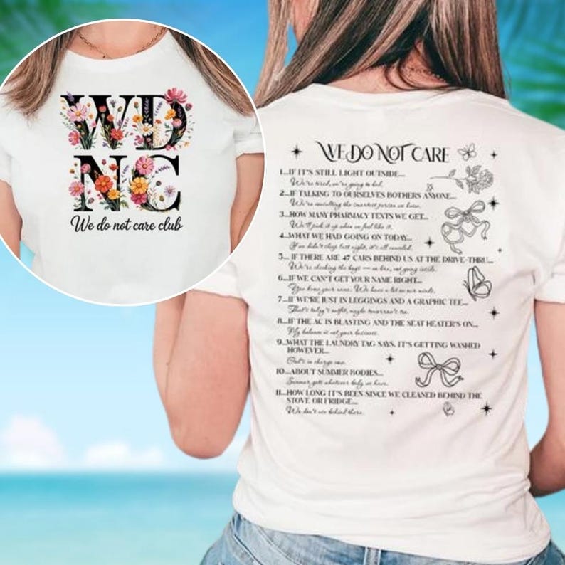 The image is a collage of two images. The collage features a white t-shirt with a floral design and text, and a person's back with a list of rules or guidelines printed on it.