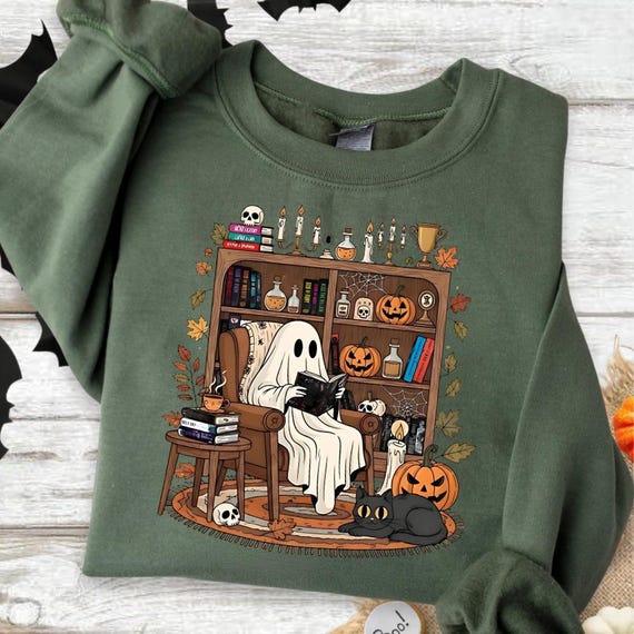 Comfort Colors Retro Cozy Ghost Reading Books Shirt, Haunting Adeline Sweatshirt, Library Boo Ghost Hoodie, Cute Spooky Bookshelf Shirt