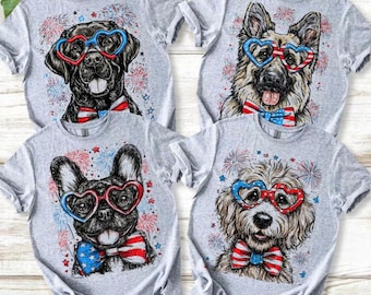 May include: Four gray t-shirts featuring dog portraits wearing heart-shaped glasses and bow ties in red, white, and blue. Each shirt has a different dog breed and a firework design, perfect for patriotic celebrations.