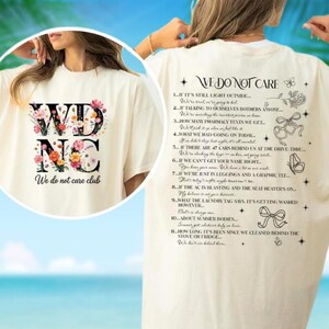 The image is a collage of two images. The left image shows a person wearing a white t-shirt with a floral design, and the right image shows a white t-shirt with a list of rules printed on it.