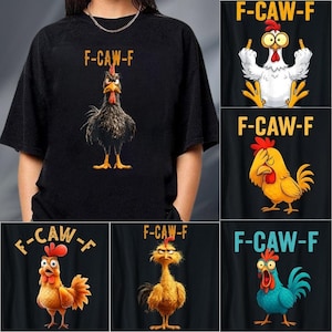 May include: Black t-shirt with a cartoon rooster graphic and the text "F-CAW-F". Additional images show similar designs with different rooster illustrations. The shirts are likely made of cotton or a similar fabric.
