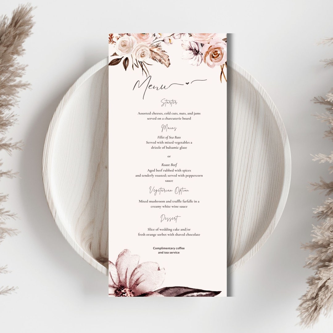 Boho Wedding Menu Template Editable in Canva Printable Menu Design - Etsy