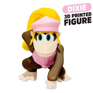 May include: A 3D printed figure of a monkey character with brown fur, a pink top, and a pink hat. The character has a long yellow ponytail and green eyes. Text in the upper right corner reads DIXIE 3D PRINTED FIGURE in black and pink.
