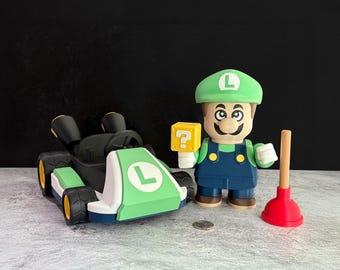 Luigi and Go Kart 3D printed figures - collectible, fan art, arcade & gaming decoration, nostalgia gift