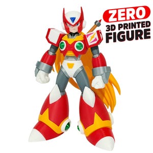 May include: A 3D printed figure of the character Zero, featuring red, white, and yellow armor, green circular accents, and long blonde hair. The figure has a blue triangular gem on the forehead and text that reads ZERO 3D PRINTED FIGURE.