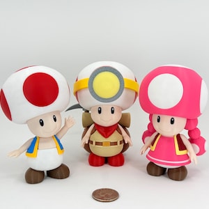 Toad, Toadette and Captain Toad 3D printed figures - collectible, fan art, arcade & gaming decoration, nostalgia gift