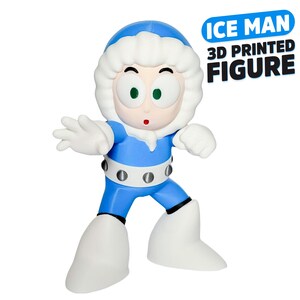 May include: A 3D printed figure of Ice Man, featuring a blue and white suit with a fur-lined hood, large white boots, and a belt with silver studs. The figure has wide eyes and is posed with one hand extended forward. Text reads ICE MAN 3D PRINTED FIGURE.