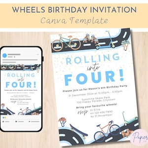 Invitation fête d'anniversaire enfants | Vélos Trottinettes Skateboards Rollers | Modèle modifiable Canvas | Wheelie Fun Two Fast