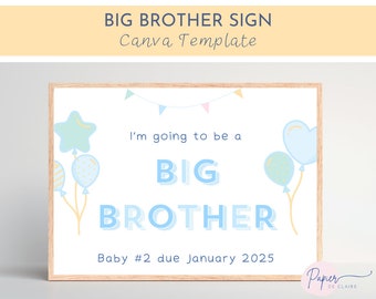 Puede incluir: Un cartel azul claro y blanco con el texto "I'm going to be a BIG BROTHER" y "Baby #2 due January 2025". El cartel está decorado con globos azules y amarillos y una cadena de banderas.