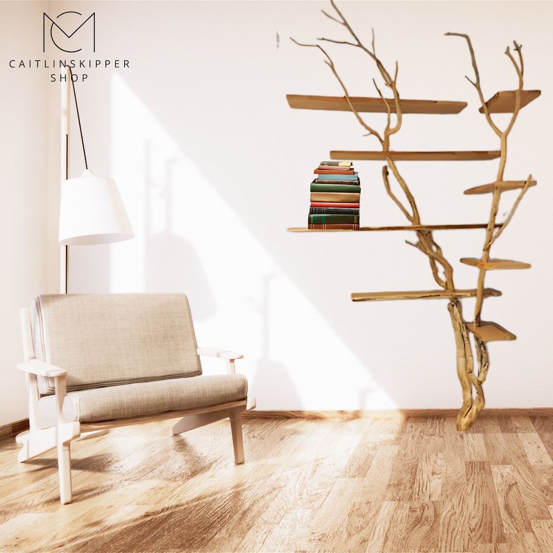 A Solid Wood Live Edge Floating Shelf With a Tree Branch Standing as a ...
