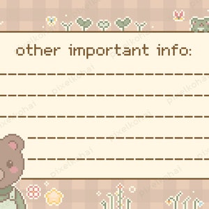 May include: A light brown bear with a green shirt and a plant on its head is on the left side of a white note card with brown lines. The note card has the text "other important info:" at the top. The background is a light brown checkered pattern with flowers, bees, and a frog.