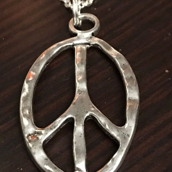 60's Boho Peace Sign Jagged Edge Retro Tibetan Silver Charm Necklace 18", Vintage Charm Necklace, Birthday Gift, Gift For Her