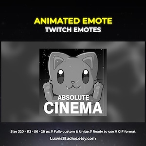 Op de afbeelding: Een geanimeerde Twitch-emote in grijstinten met een cartoonkat met grote ogen en opgeheven poten. Het woord "ABSOLUTE" staat boven het woord "CINEMA" in vette witte letters. De afbeelding is ontworpen voor gebruik op Twitch.