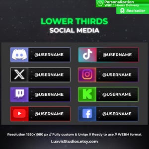 Puede incluir: Un conjunto de seis tercios inferiores animados para redes sociales que presentan varias plataformas de redes sociales populares, incluidas Discord, TikTok, Instagram, Twitch, YouTube y Facebook. Cada tercio inferior incluye un icono de plataforma y el texto "@USERNAME".