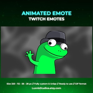 May include: A green cartoon lizard wearing a grey hat, waving its hand. The image includes the text "ANIMATED EMOTE TWITCH EMOTES" and "LuxvisStudios.etsy.com". The emote is ready to use in GIF format.