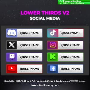 May include: A set of six animated lower thirds for social media, featuring icons for Discord, Twitter, TikTok, Instagram, Twitch, and Facebook. Each lower third has a white background with a colored border and a text box for a username.