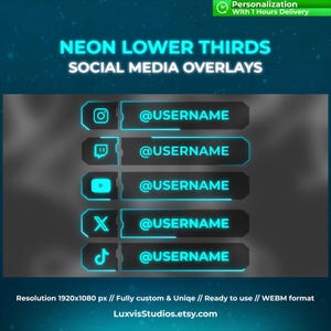 May include: A set of five neon lower thirds social media overlays featuring cyan glowing icons and text boxes with the placeholder @USERNAME. The design includes logos for Instagram, Twitch, YouTube, X, and TikTok on a dark gray background.
